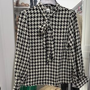 SHEIN Black and White Houndstooth Tie Blouse